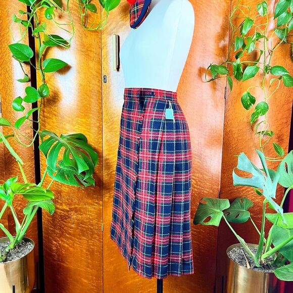 NWT DEADSTOCK 1970’s 70s Vintage Red Wool Plaid Pleated Fringe Kilt Skirt Xs 24w - Picture 7 of 10